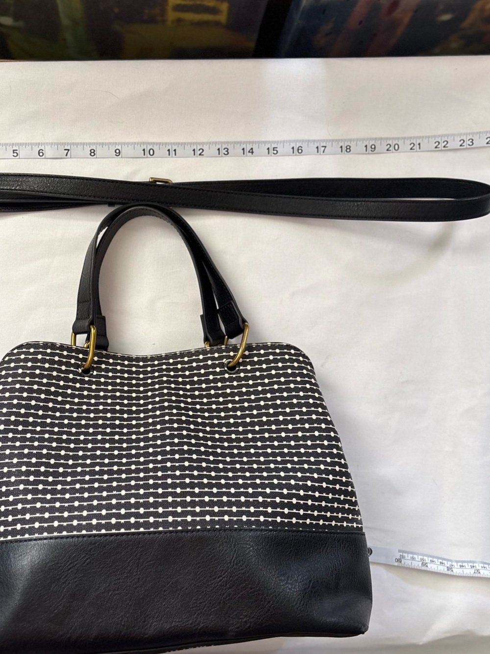 Fossil Convertible Black and White Pattern Satchel with Gold Hardware - Picture 15 of 16